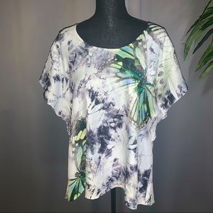 Vintage Fairycore Watercolor Butterfly Ruffle Sleeve Silky Top